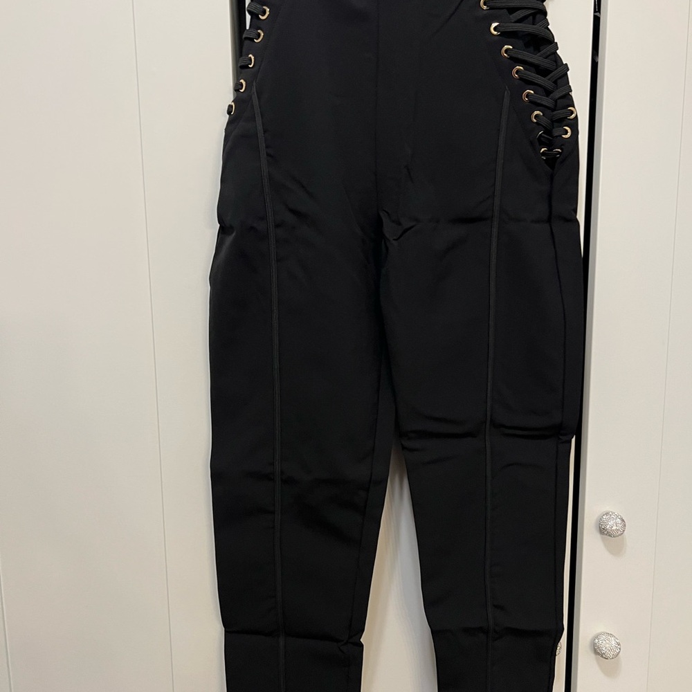Gracia Black Skinny Pants with Lace-Up Detail high waisted